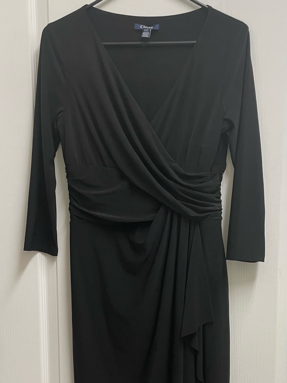 Chaps Black Faux-Wrap 3/4 Sleeve Draped Dress Sz M